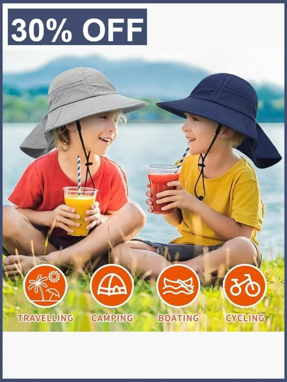 Toddler Sun Hat with Wide Brim & Neck Flap, Adjustable Bucket Hat for Kids,